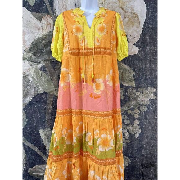 NWT Farm Rio Anthropologie Short-Sleeve Tiered Yellow Midi Dress Size SMALL - Picture 5 of 11
